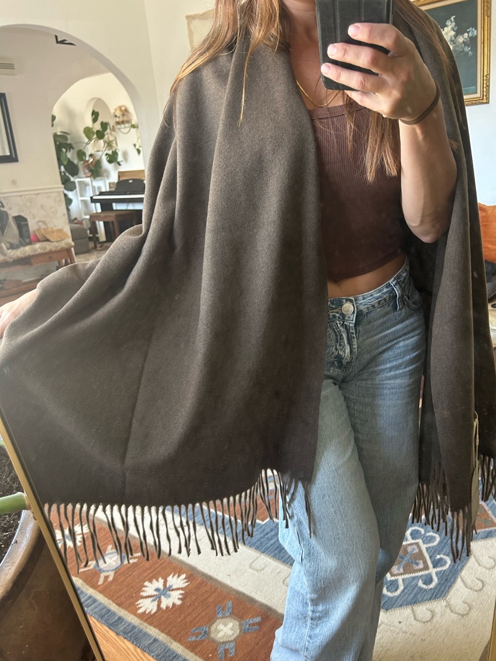 Classic chocolate Brown Fringe Wrap Shawl cashmere feel